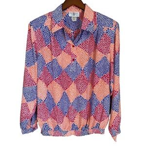 Vintage Da Rue Neil's Abstract Blouse 80s Multicolor Smocked Waist Women's 16